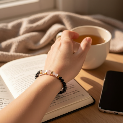 A shungite beaded bracelet accented with rose quartz and moonstone beads displayed on a hand holding a cup, with a notebook and cell phone on a soft surface.— for Carpe Diem Dream.