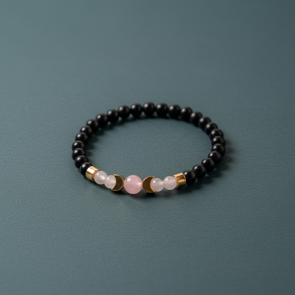 A shungite beaded bracelet accented with rose quartz and moonstone beads arranged on a muted teal background.— for Carpe Diem Dream