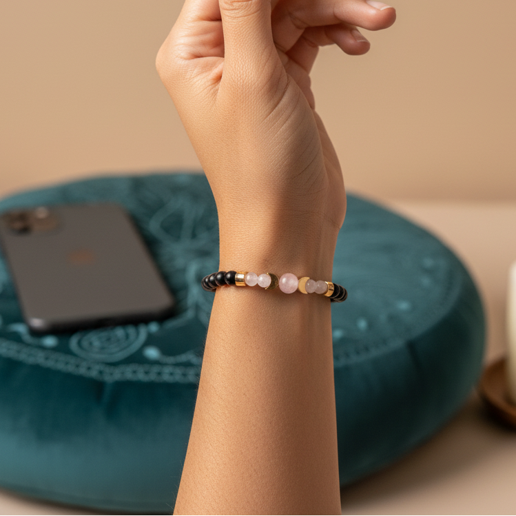 A shungite beaded bracelet accented with rose quartz and moonstone beads worn on the wrist beside a meditation cushion and a cell phone in a calm indoor setting. — for Carpe Diem Dream