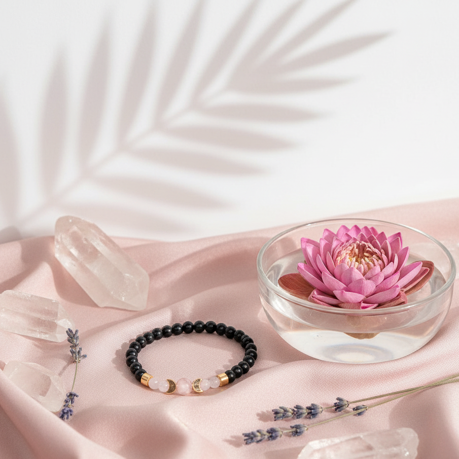 A shungite beaded bracelet accented with rose quartz and moonstone beads styled on soft pink fabric with crystals and a lotus flower.— for Carpe Diem Dream