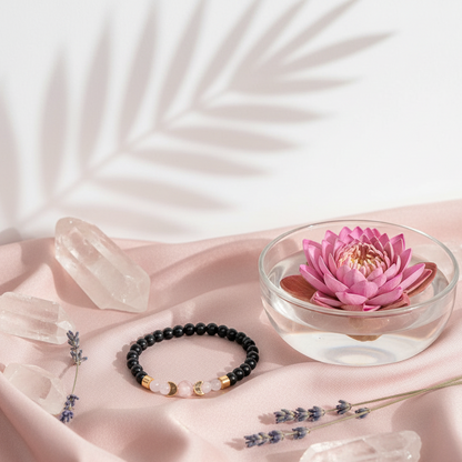 A shungite beaded bracelet accented with rose quartz and moonstone beads styled on soft pink fabric with crystals and a lotus flower.— for Carpe Diem Dream