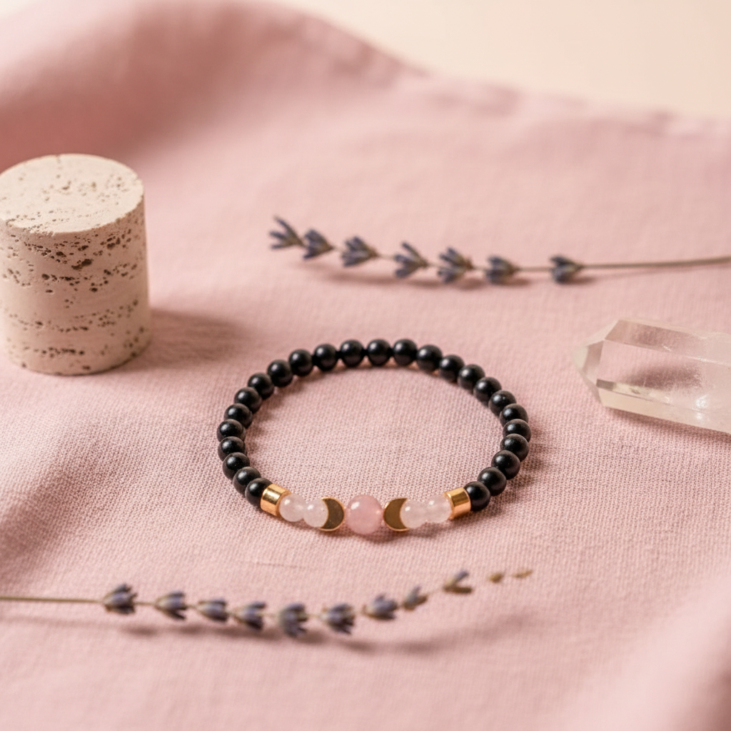 A shungite beaded bracelet accented with rose quartz and moonstone beads arranged on soft pink fabric with lavender sprigs and a clear quartz point. — for Carpe Diem Dream