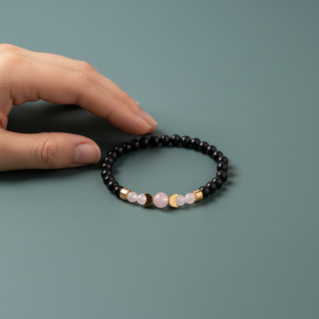 A shungite beaded bracelet accented with rose quartz and moonstone beads shown beside a hand on a muted teal background to demonstrate size and scale. — for Carpe Diem Dream