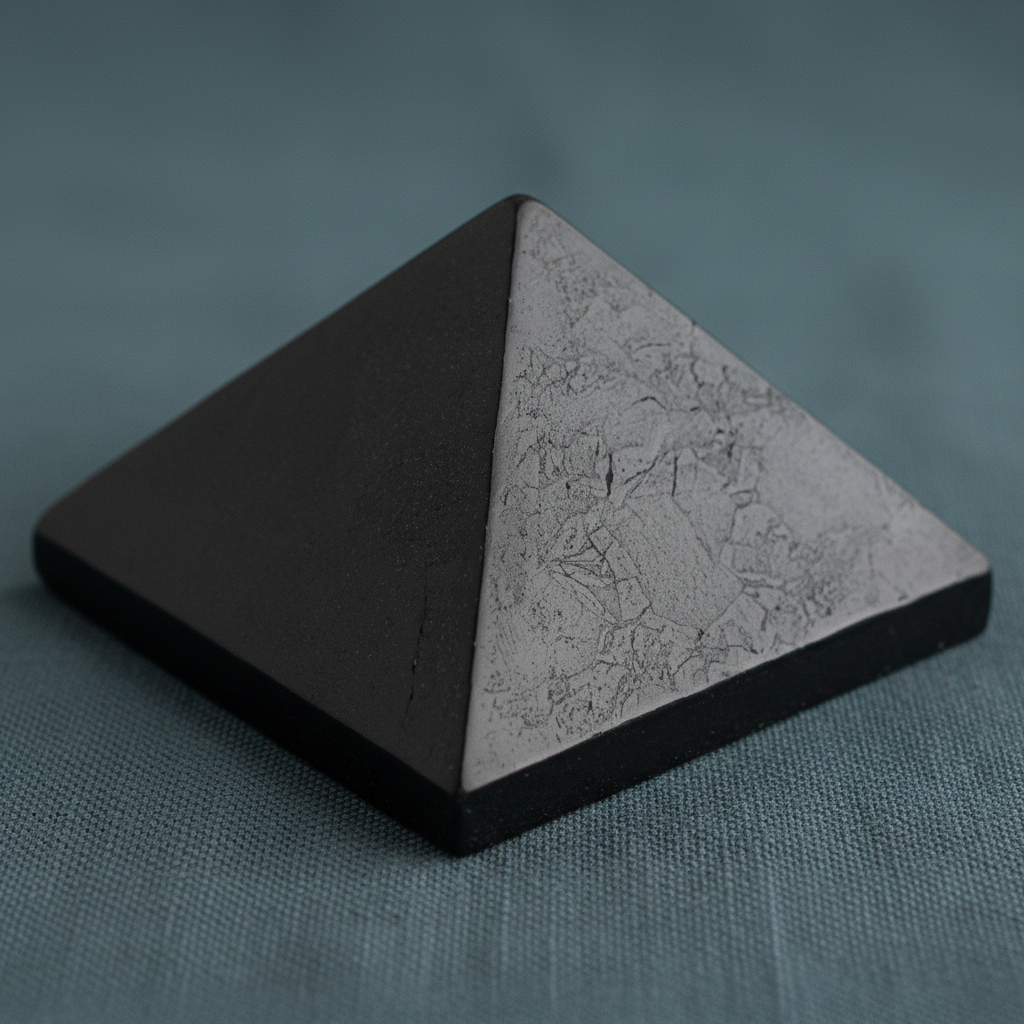 Close-up view of a black shungite pyramid showing natural surface texture on a muted teal linen background with soft diffused lighting. — for Carpe Diem Dream