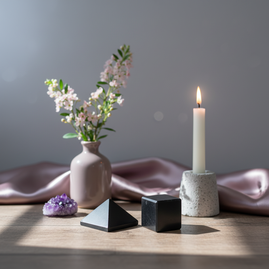 Black shungite pyramid and cube styled on a wooden surface with a candle, floral arrangement, silk fabric, and crystals in a softly lit ambient setting. — for Carpe Diem Dream