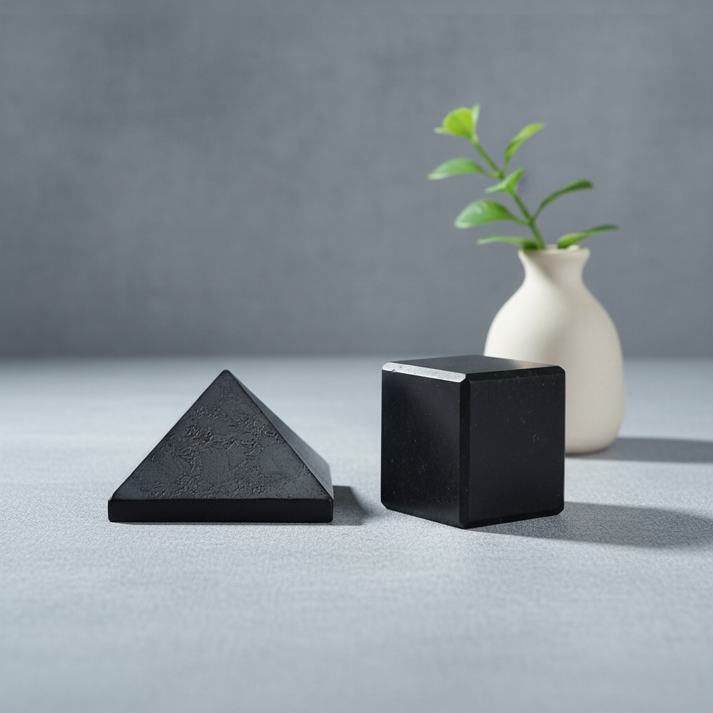 Black shungite pyramid and cube displayed side by side on a neutral surface with a small vase and greenery in a minimal studio setting. — for Carpe Diem Dream