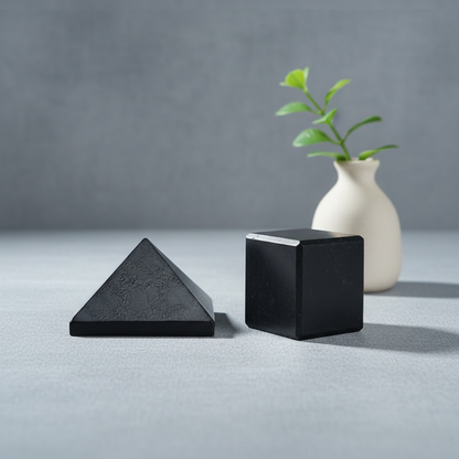 Black shungite pyramid and cube displayed side by side on a neutral surface with a small vase and greenery in a minimal studio setting. — for Carpe Diem Dream