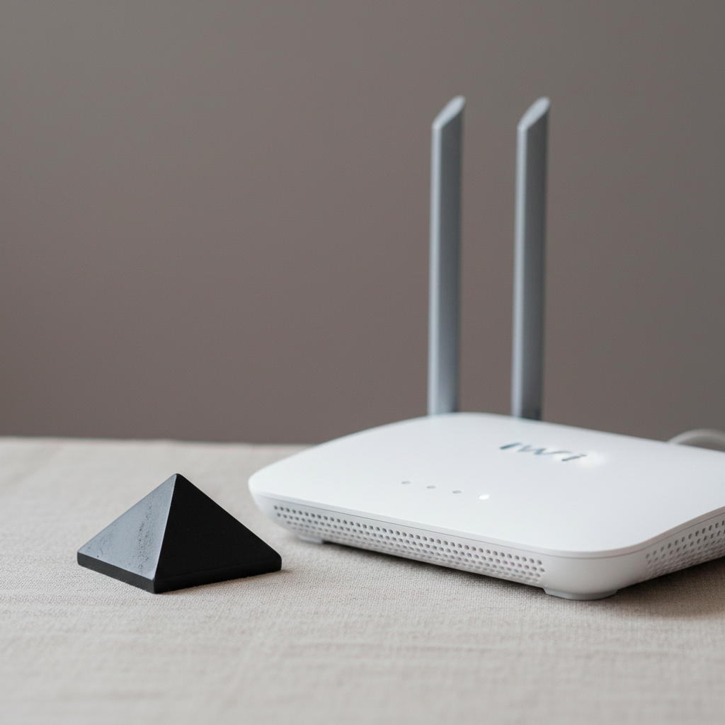 Black shungite pyramid placed beside a modern WiFi router on a neutral linen surface, illustrating use near electronics in a clean minimal setting. — for Carpe Diem Dream