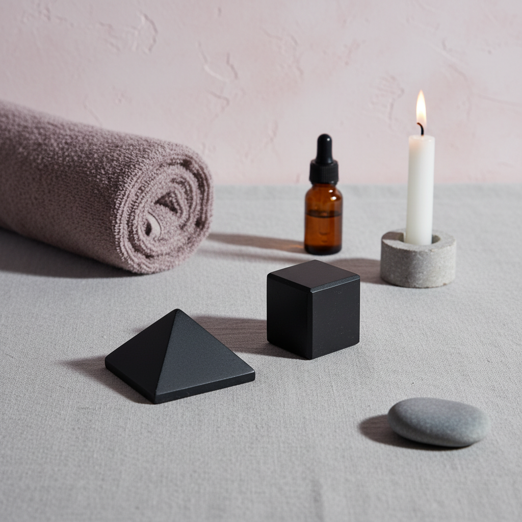 Black shungite pyramid and cube displayed on a soft neutral surface with a rolled towel, amber dropper bottle, lit candle, and smooth stone in a calming spa setting. — for Carpe Diem Dream