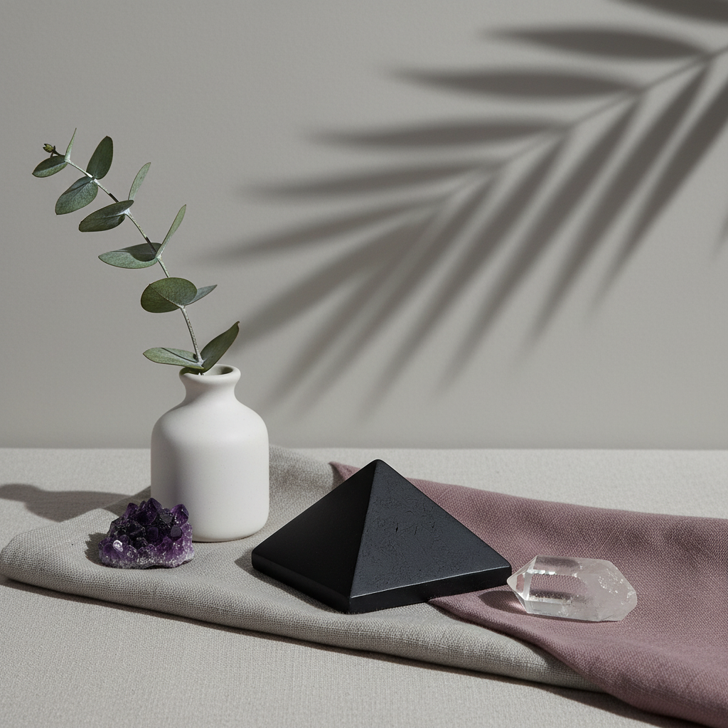 Black shungite pyramid displayed on layered neutral and mauve fabric with a small white vase, greenery, and crystals, set against a soft textured wall with botanical shadows. — for Carpe Diem Dream