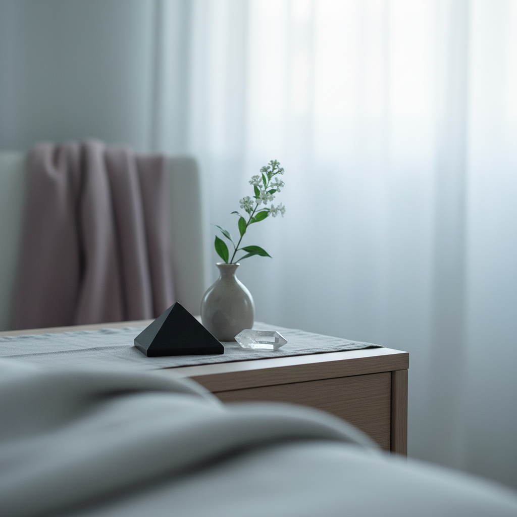 Black shungite pyramid placed on a bedside table with a small vase and crystal, softly lit by natural window light in a calm bedroom setting. — for Carpe Diem Dream