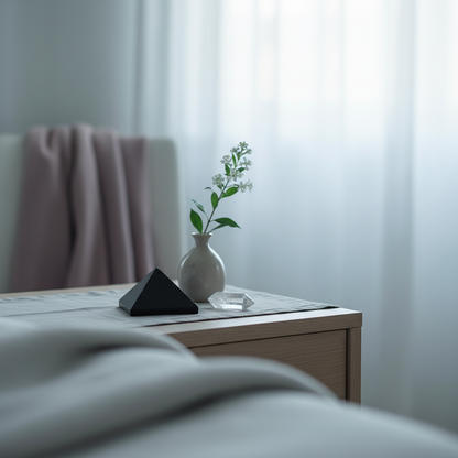 Black shungite pyramid placed on a bedside table with a small vase and crystal, softly lit by natural window light in a calm bedroom setting. — for Carpe Diem Dream