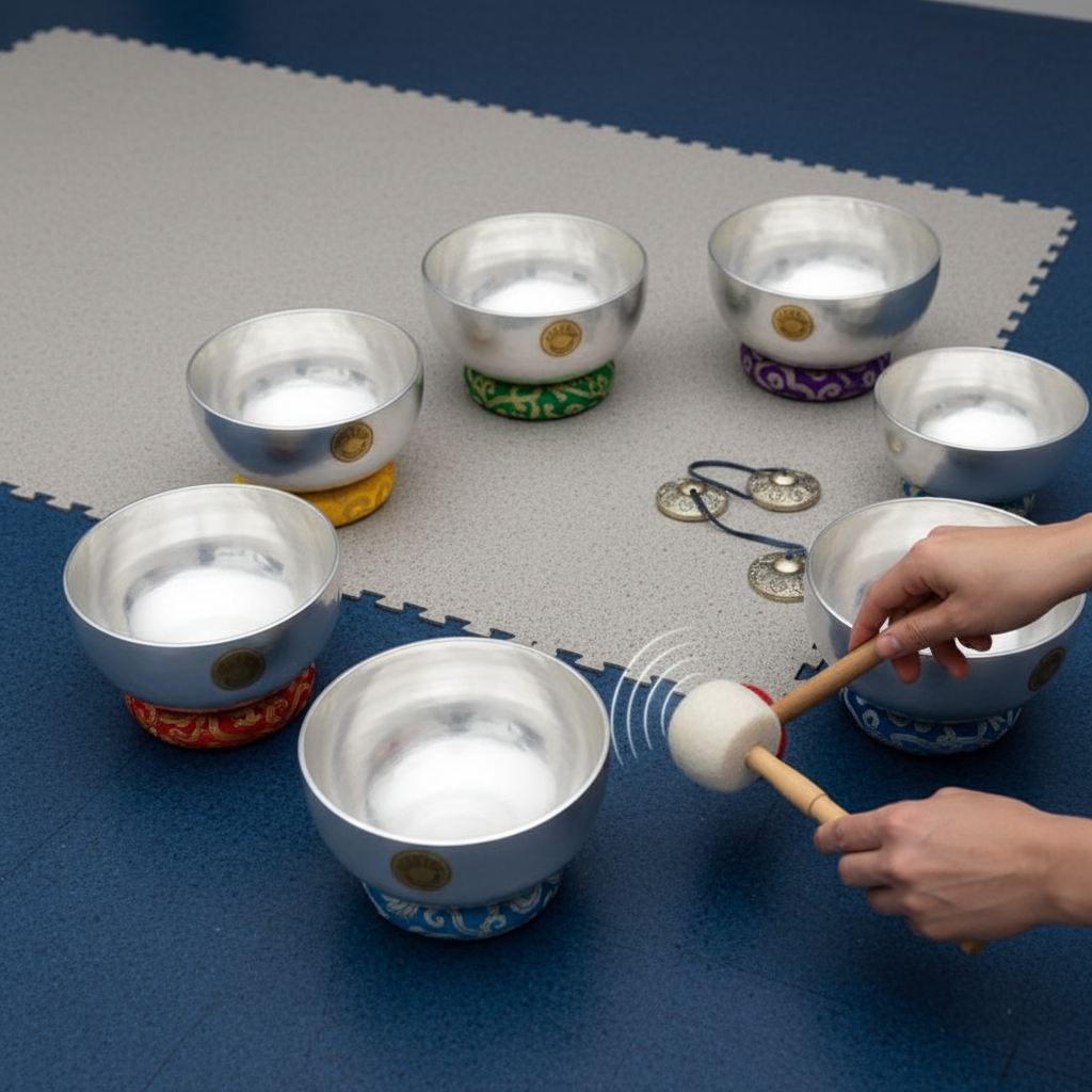 Seven silver Tibetan singing bowls arranged in a semicircle with embroidered chakra cushions, wooden mallets, tingsha cymbals,  on a textured matte and blue background. — for Carpe Diem Dream