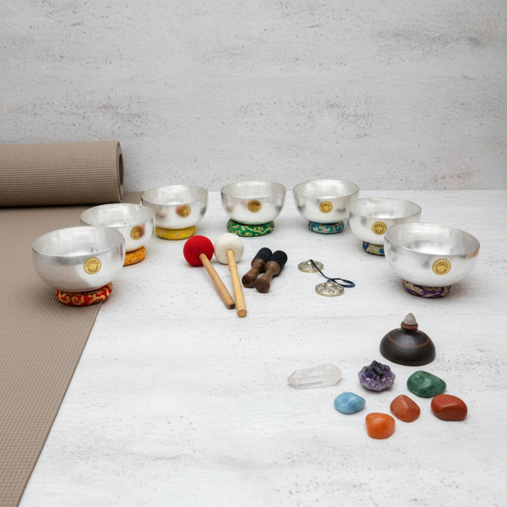 Seven silver Tibetan singing bowls arranged in a semicircle with embroidered chakra cushions, wooden mallets, tingsha cymbals, and colorful chakra stones with a tan yoga mat on a clean white background. — for Carpe Diem Dream 