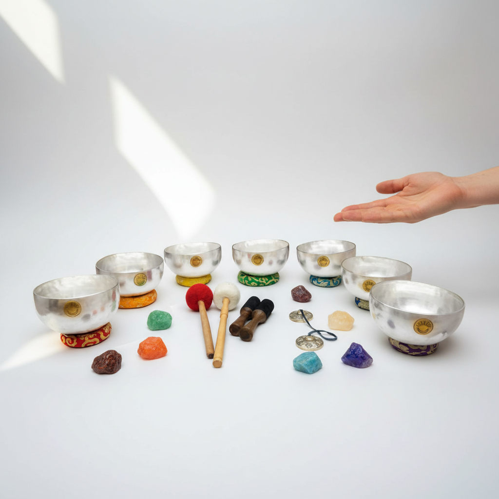Seven silver Tibetan singing bowls arranged in a semicircle with embroidered chakra cushions, wooden mallets, tingsha cymbals, and colorful chakra stones with a hand shown above for scale on a clean white background. — for Carpe Diem Dream