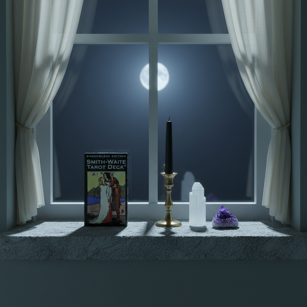 A Smith-Waite Tarot Deck borderless edition box displayed on a windowsill beside a candle, crystal tower, and amethyst cluster with moonlight shining through sheer curtains. — for Carpe Diem Dream