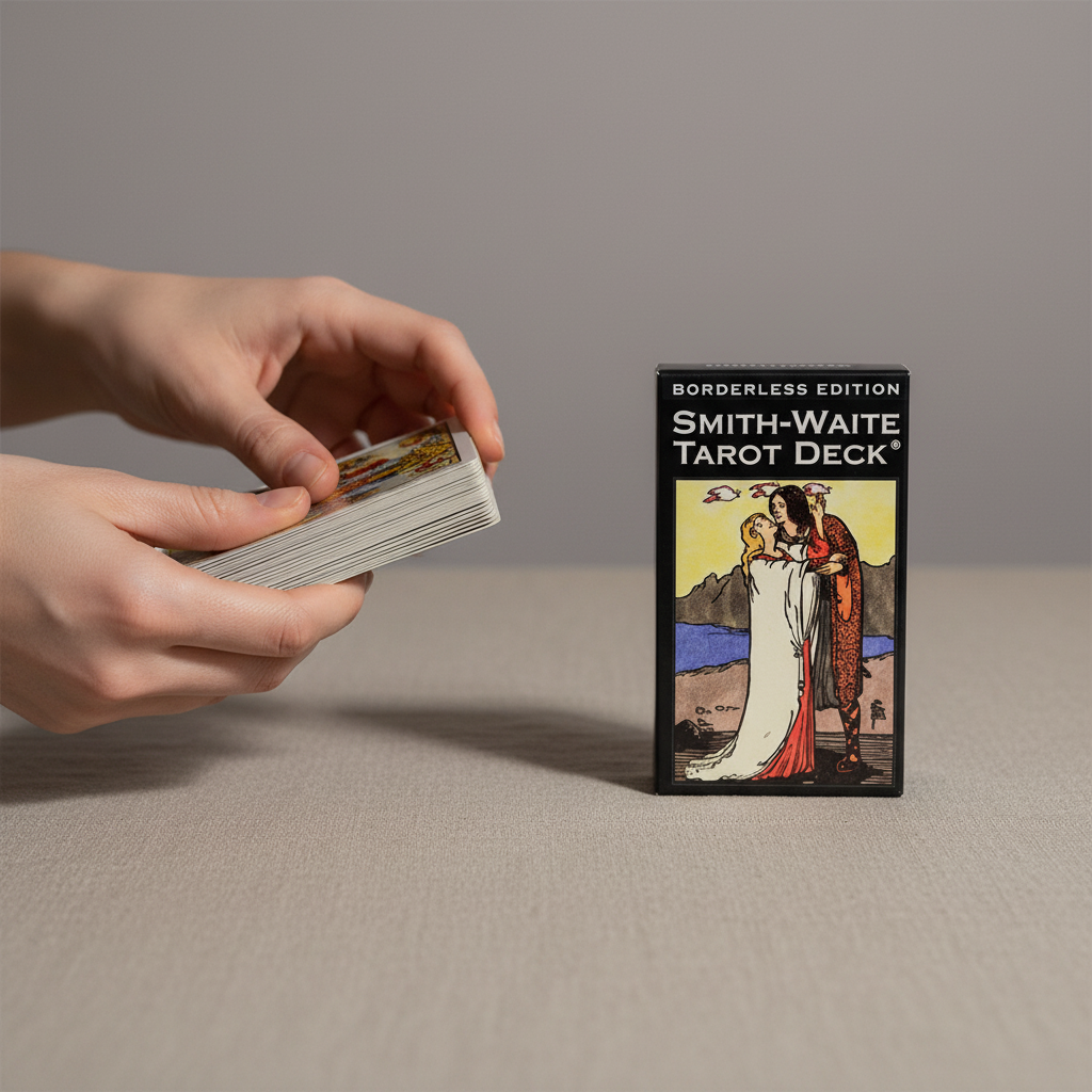 Hands holding and handling a stack of Smith-Waite Tarot cards beside the borderless edition deck box on a neutral surface with soft studio lighting. — for Carpe Diem Dream