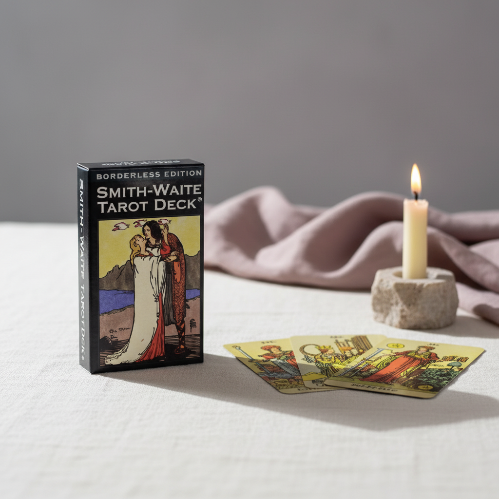 A Smith-Waite Tarot Deck borderless edition box displayed on a soft linen surface with a lit candle and several tarot cards spread in front, creating a calm and mindful reading scene. — for Carpe Diem Dream