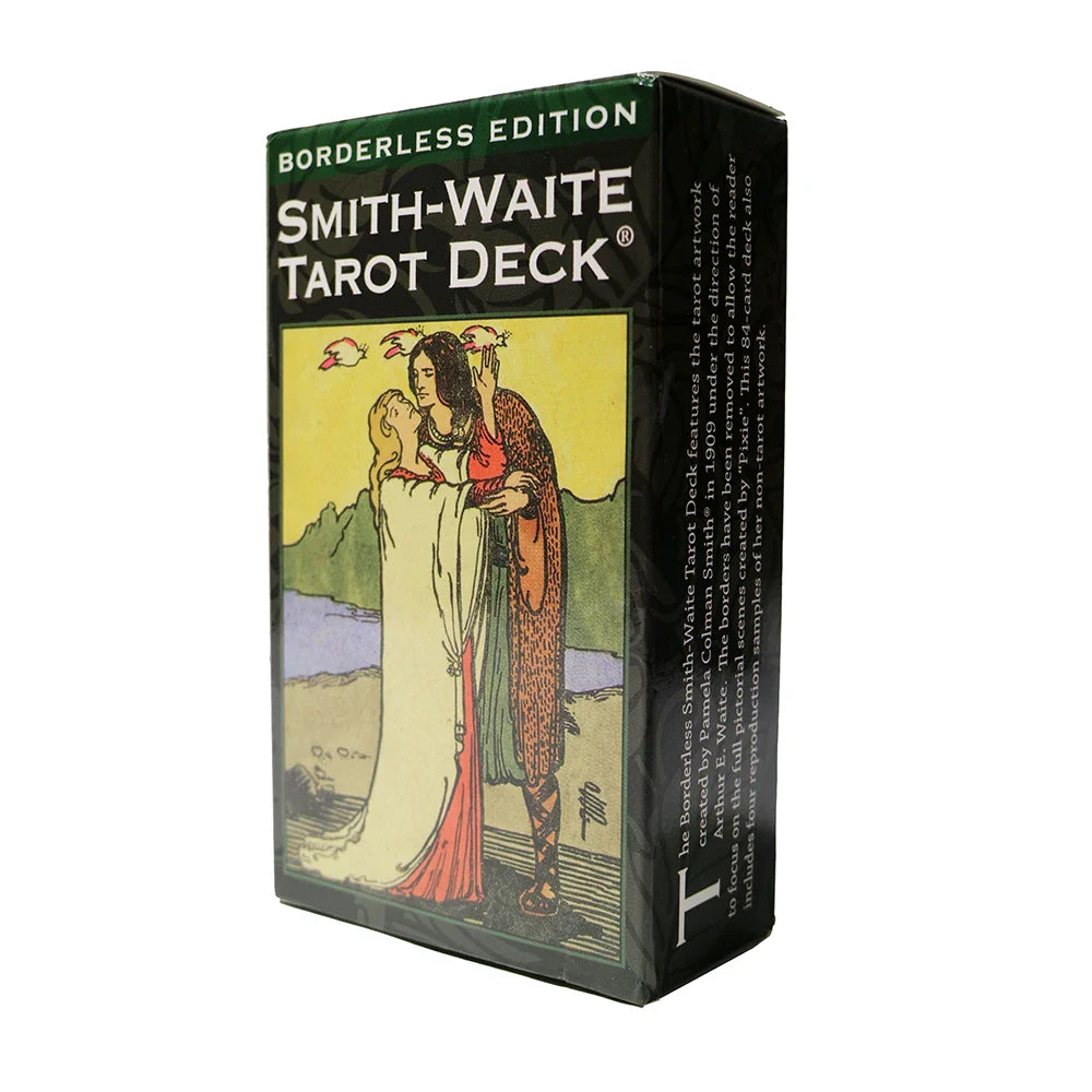 Smith-Waite Tarot Deck borderless edition box shown at an angle on a white background with The Lovers card artwork visible on the front. — for Carpe Diem Dream