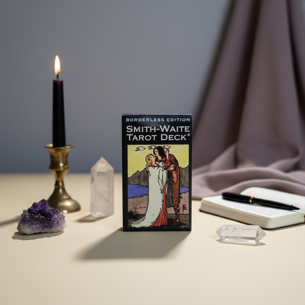 A Smith-Waite Tarot Deck borderless edition box displayed in a ritual setting with a lit black candle, amethyst cluster, clear quartz point, and journal on a neutral surface with soft ambient lighting. — for Carpe Diem Dream