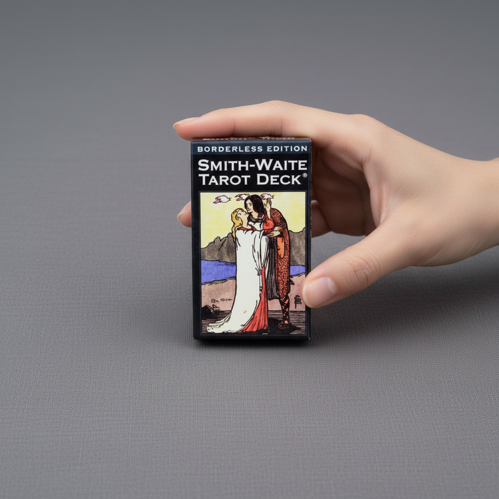 A Smith-Waite Tarot Deck borderless edition box held in one hand to demonstrate size against a neutral textured background with soft studio lighting. — for Carpe Diem Dream