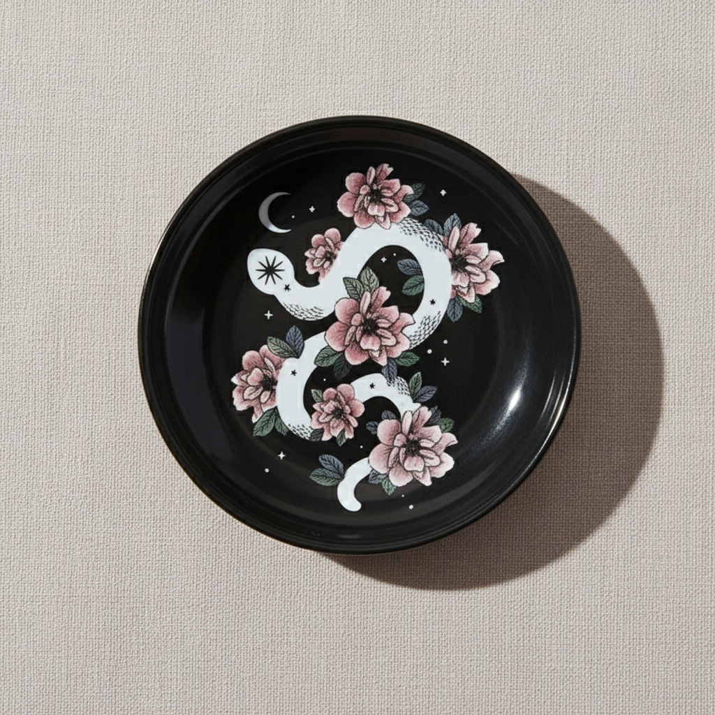 Snake & Flower Celestial Trinket Dish featuring a white serpent entwined with pink blossoms on a glossy black surface, displayed on a soft neutral background – for Carpe Diem Dream.