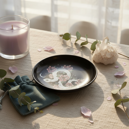 Snake & Flower Celestial Trinket Dish displayed in a serene indoor meditation scene, lit by soft window sunlight beside a lavender candle, quartz cluster, and eucalyptus leaves, styled in Carpe Diem Dream’s calm boho-luxury tone.