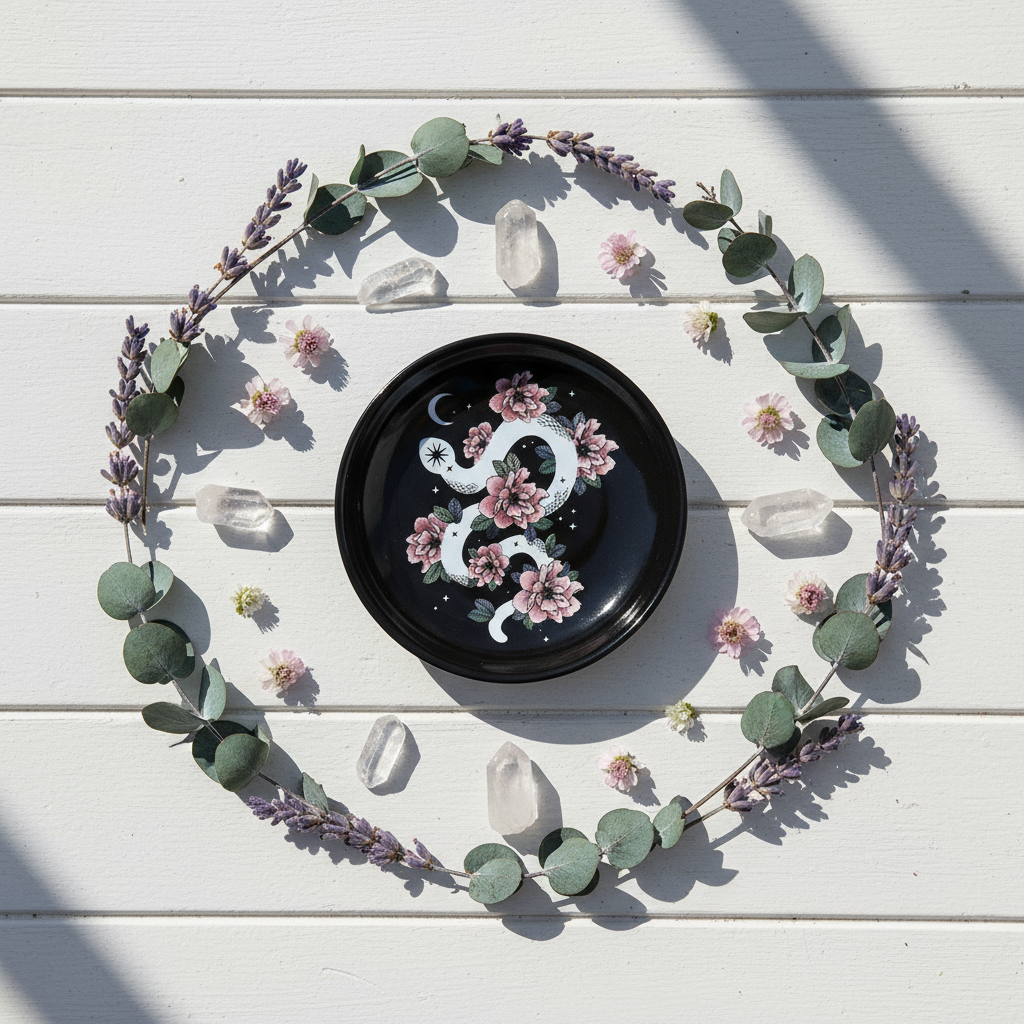 Snake & Flower Celestial Trinket Dish displayed on a white wooden deck surrounded by eucalyptus leaves, lavender sprigs, and quartz crystals under soft natural sunlight, styled in Carpe Diem Dream’s mystical boho-luxe tone.