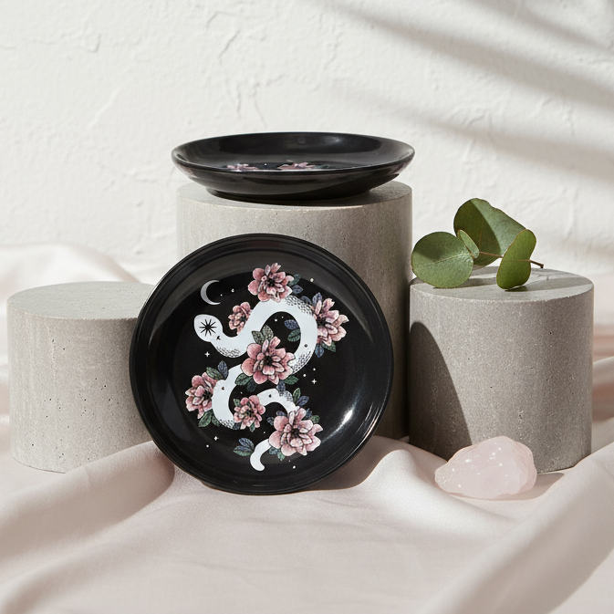 Snake and Flower Celestial Trinket Dish displayed on gray travertine cylinders with blush silk fabric and natural daylight shadows, styled by Carpe Diem Dream.