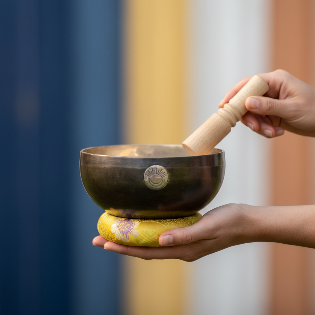 Hands holding and playing a Solar Plexus Chakra singing bowl with a wooden striker against a warm gradient background. — for Carpe Diem Dream