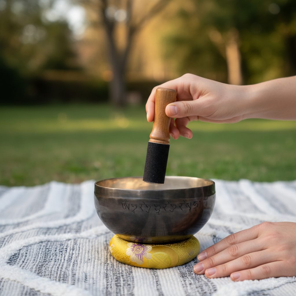 A person playing a Solar Plexus Chakra singing bowl with a wooden striker outdoors on a blanket during a meditation or sound healing practice. — for Carpe Diem Dream
