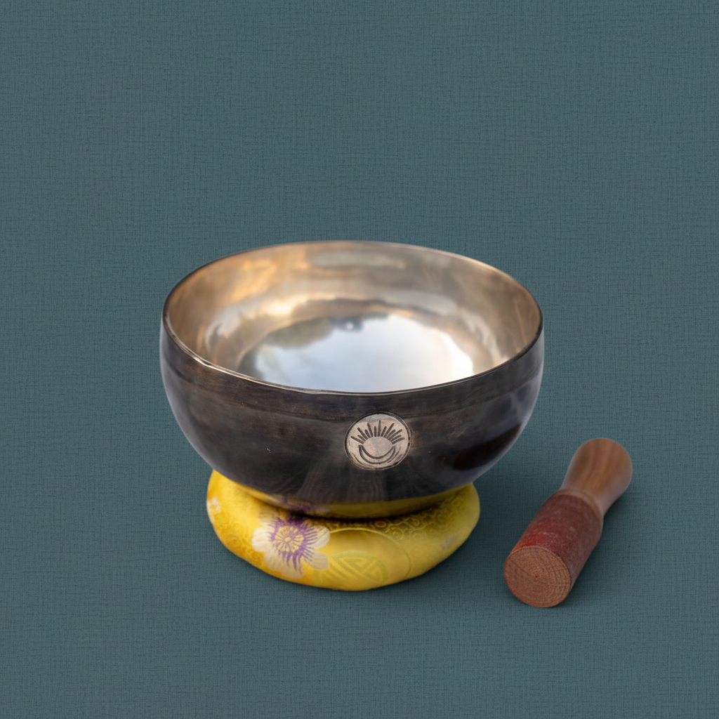 A Solar Plexus Chakra singing bowl with wooden striker resting on a yellow cushion against a muted teal linen background. — for Carpe Diem Dream