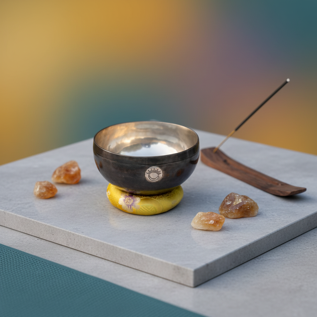 A Solar Plexus Chakra singing bowl on a yellow cushion with incense holder and golden stones arranged for meditation practice. — for Carpe Diem Dream