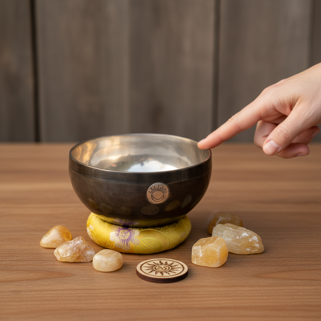 A Solar Plexus Chakra singing bowl on a yellow cushion surrounded by golden stones while a hand touches the bowl on a wooden surface. — for Carpe Diem Dream