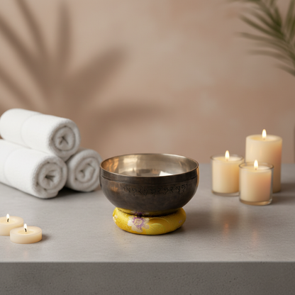 A Solar Plexus Chakra singing bowl resting on a yellow cushion beside lit candles and rolled spa towels in a calming wellness setting. — for Carpe Diem Dream