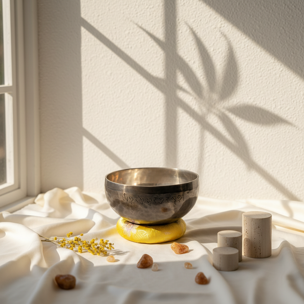 A Solar Plexus Chakra singing bowl resting on a yellow cushion surrounded by warm-toned stones and soft botanical shadows on draped fabric. — for Carpe Diem Dream