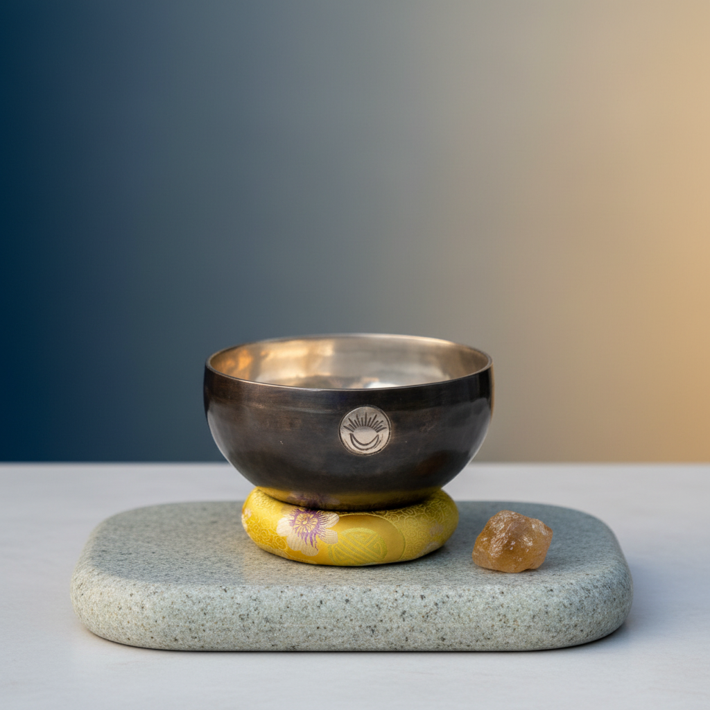 A Solar Plexus Chakra singing bowl resting on a yellow cushion beside a golden stone on a smooth platform with a warm gradient background. — for Carpe Diem Dream