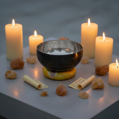 A Solar Plexus Chakra singing bowl on a yellow cushion surrounded by candles, golden stones, and intention scrolls in a ritual setting. — for Carpe Diem Dream