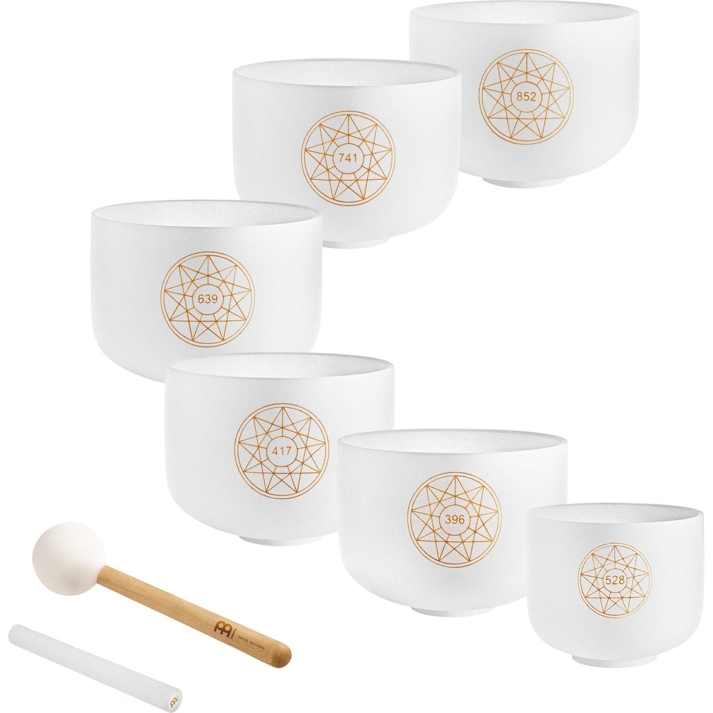 Six white frosted quartz crystal singing bowls with gold frequency symbols arranged with a wooden mallet and silicone rod on a white background — for Carpe Diem Dream