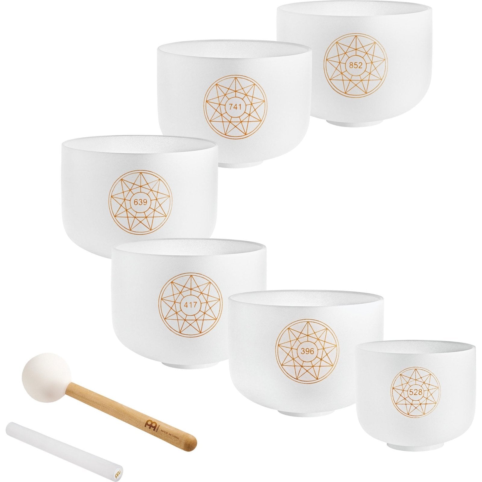 Six white frosted quartz crystal singing bowls with gold frequency symbols arranged with a wooden mallet and silicone rod on a white background — for Carpe Diem Dream