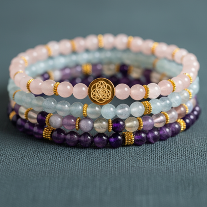 A close-up view of stacked gemstone bracelets in pink, aqua, purple, and gold tones resting on a muted teal textured surface — for Carpe Diem Dream