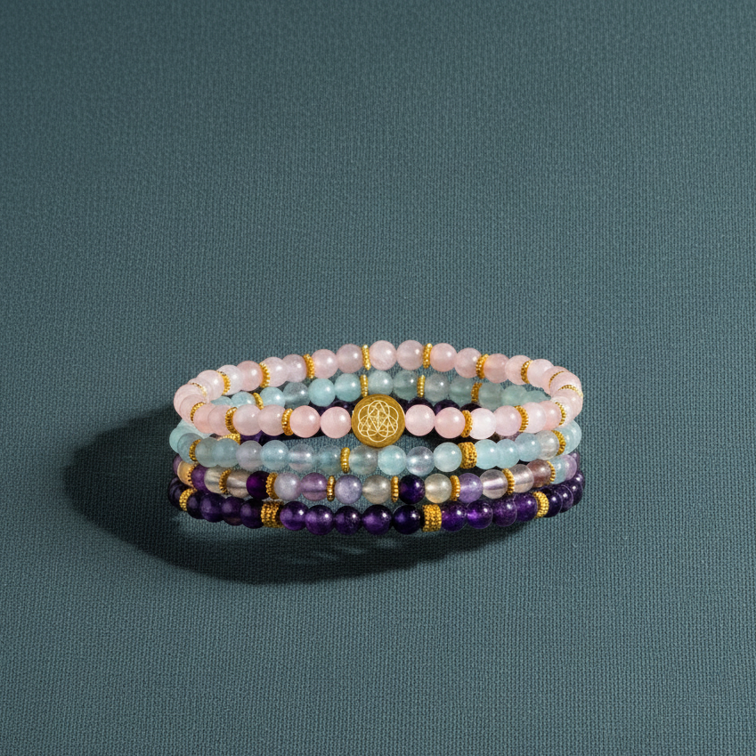 A stacked set of four gemstone beaded bracelets in pink, aqua, purple, and gold tones resting on a muted teal linen surface with soft natural shadows. — for Carpe Diem Dream