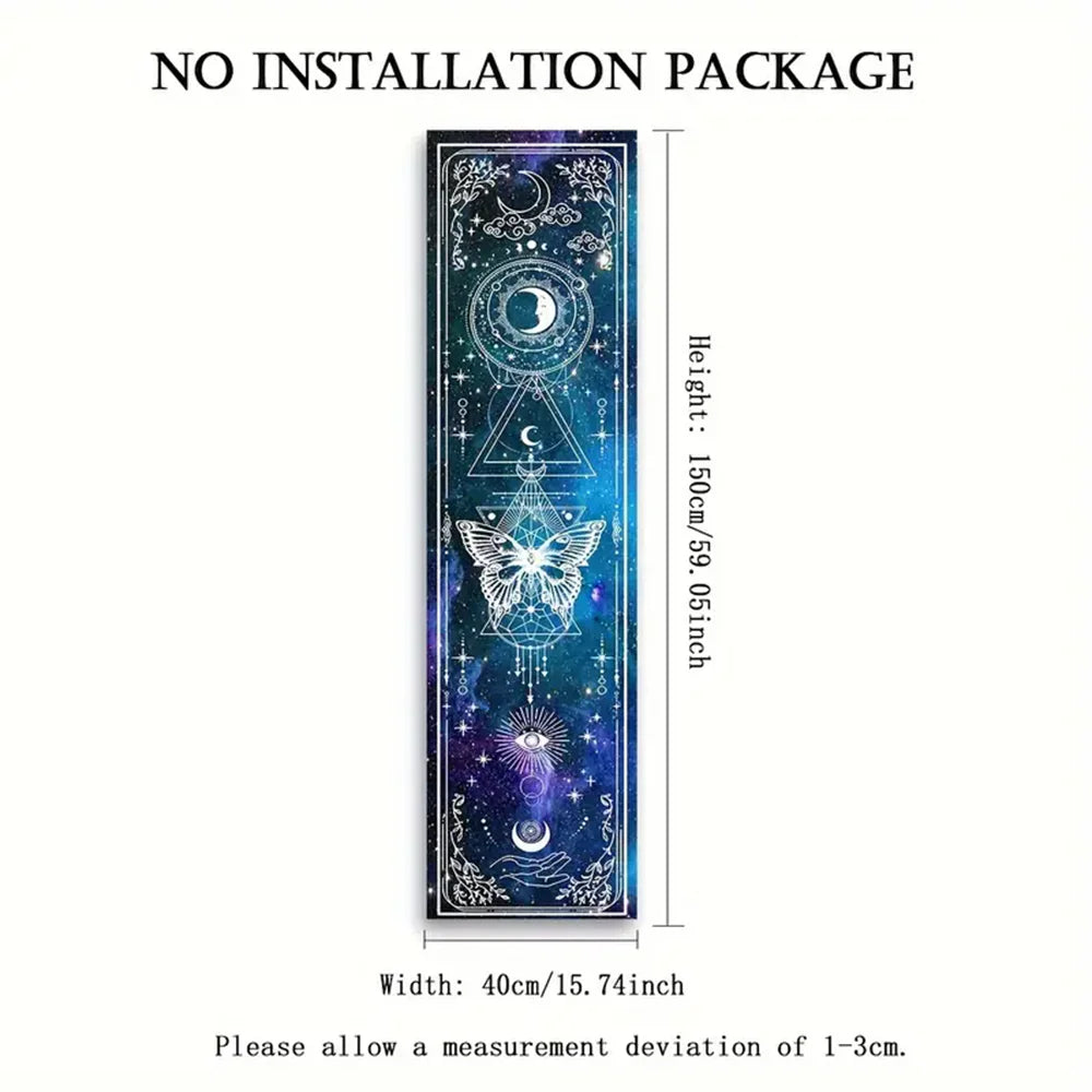 Space butterfly banner tapestry supplier image showing celestial blue design with labeled dimensions of 59.06 inches height and 15.74 inches width on a white background. — for Carpe Diem Dream