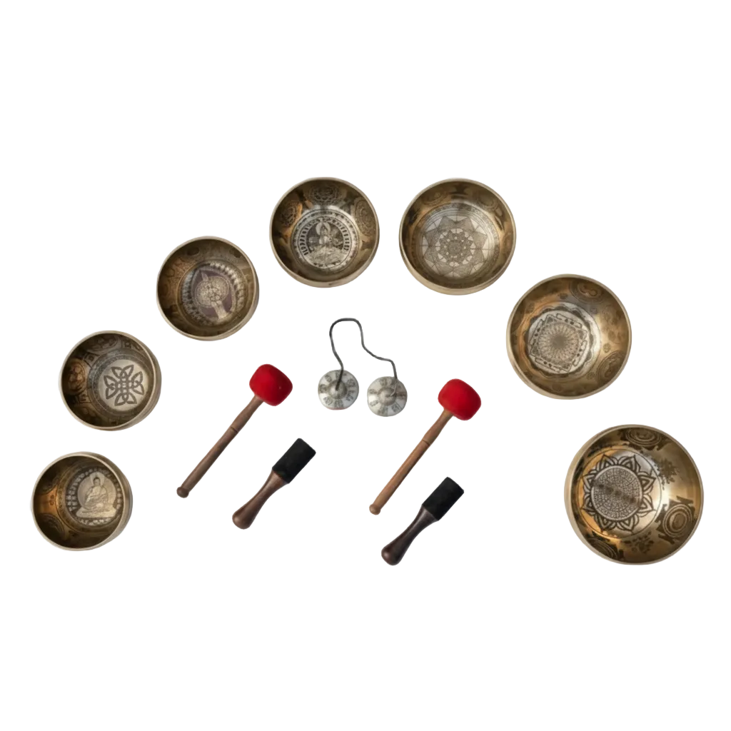 Seven engraved Tibetan singing bowls with carved chakra symbols arranged with wooden mallets and tingsha meditation bells on a clean background. — for Carpe Diem Dream