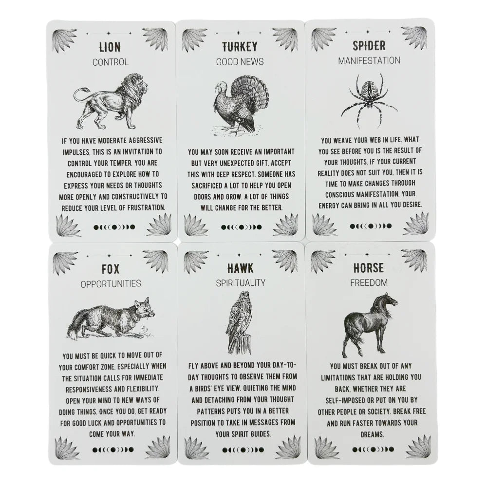 A spread of Spirit Animal Oracle cards featuring animal illustrations and descriptive meanings arranged in a grid layout on a white background. — for Carpe Diem Dream