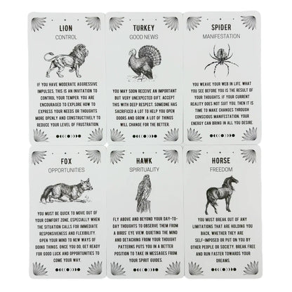 A spread of Spirit Animal Oracle cards featuring animal illustrations and descriptive meanings arranged in a grid layout on a white background. — for Carpe Diem Dream