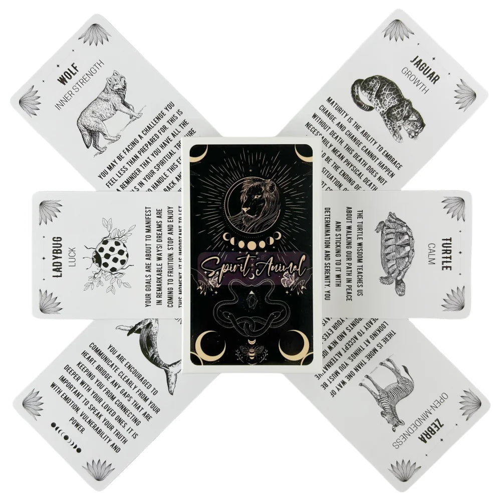 A Spirit Animal Oracle deck displayed with multiple animal-themed cards arranged in a symmetrical layout around the deck box on a white background. — for Carpe Diem Dream