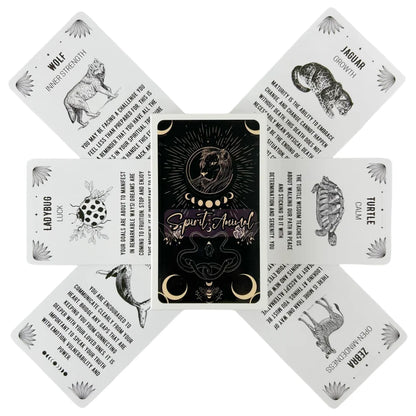 A Spirit Animal Oracle deck displayed with multiple animal-themed cards arranged in a symmetrical layout around the deck box on a white background. — for Carpe Diem Dream