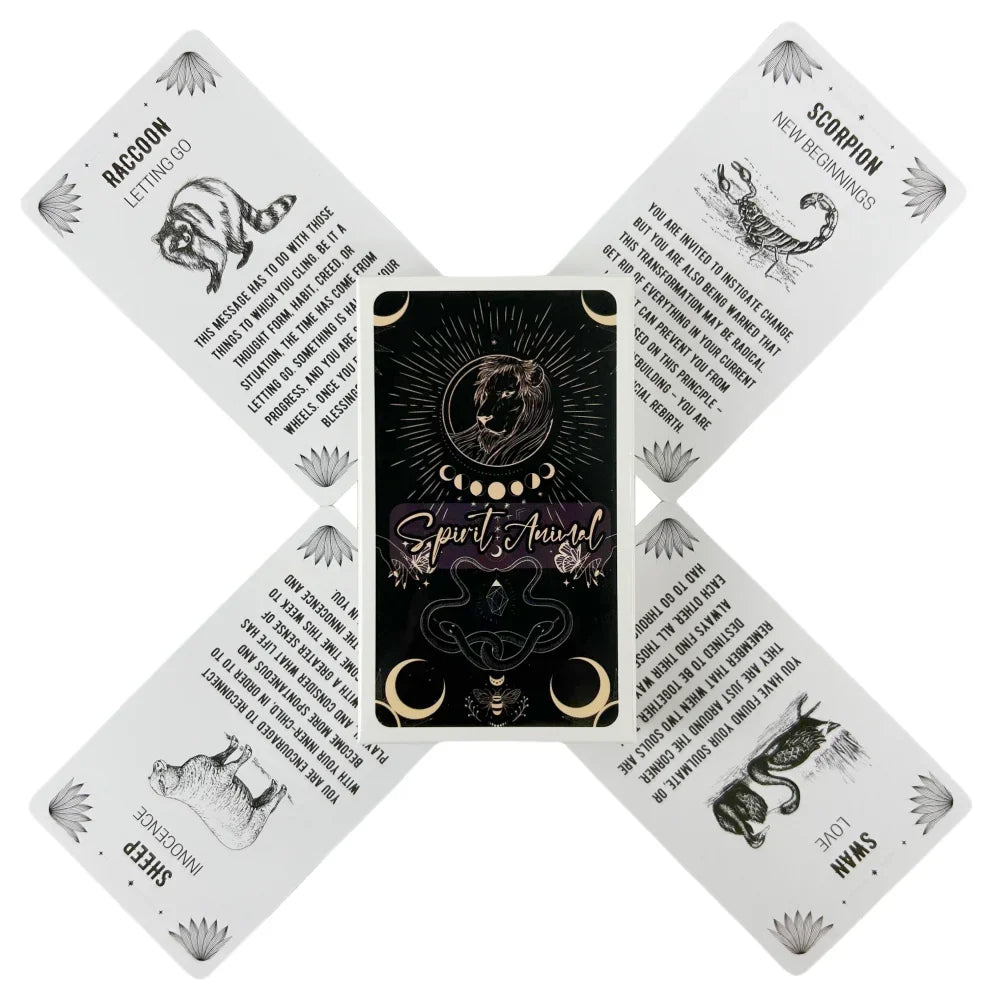 A Spirit Animal Oracle deck box centered with four oracle cards arranged around it in a cross layout, each featuring animal illustrations and descriptive text on a white background. — for Carpe Diem Dream