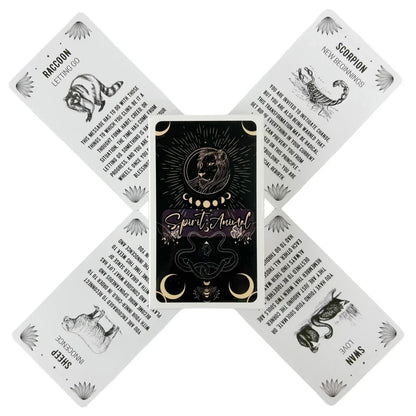 A Spirit Animal Oracle deck box centered with four oracle cards arranged around it in a cross layout, each featuring animal illustrations and descriptive text on a white background. — for Carpe Diem Dream